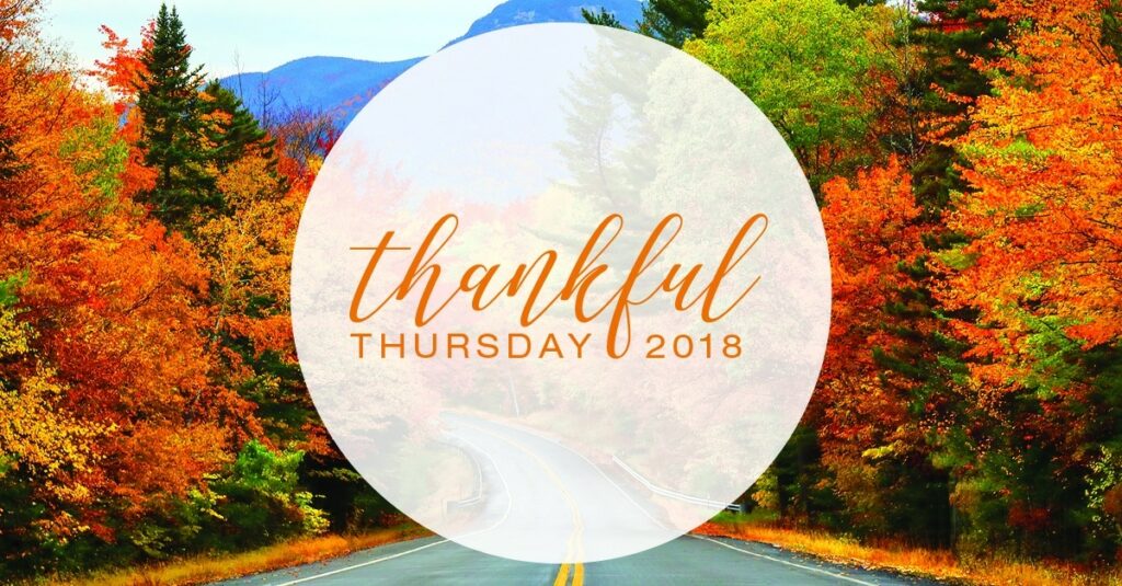 Thankful Thursday 2018 logo in front of road going through a forest in Autumn