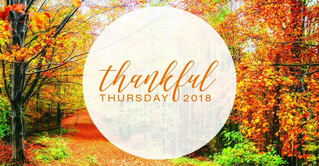 Thankful Thursday 2018 logo in front of forest in autumn
