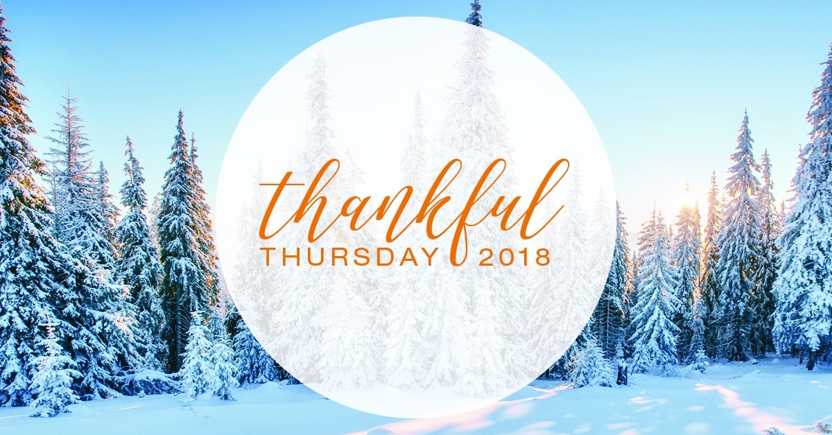 Thankful Thursday 2018 logo in front of a forest of pine trees covered with snow