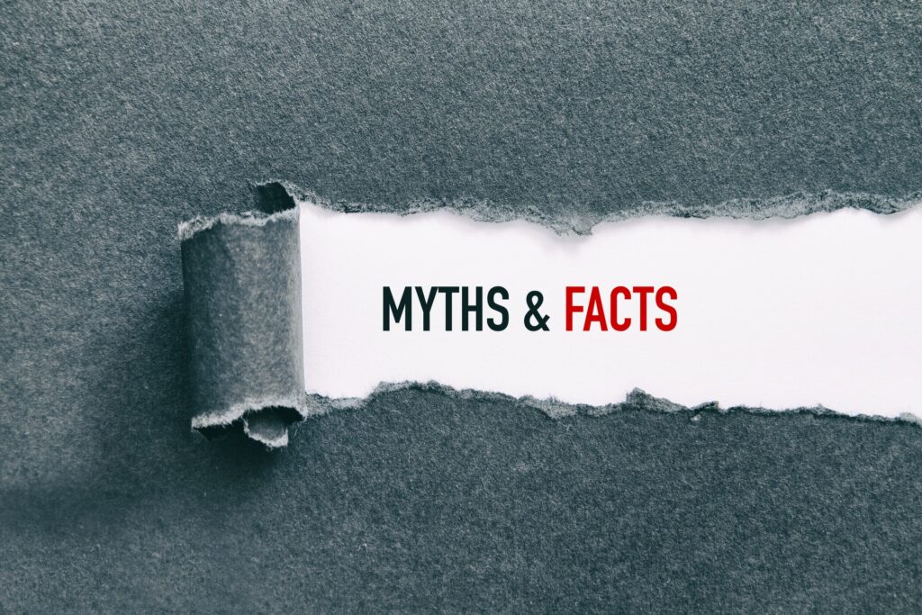Fabric ripped away to review "Myths & Facts" with facts in red text