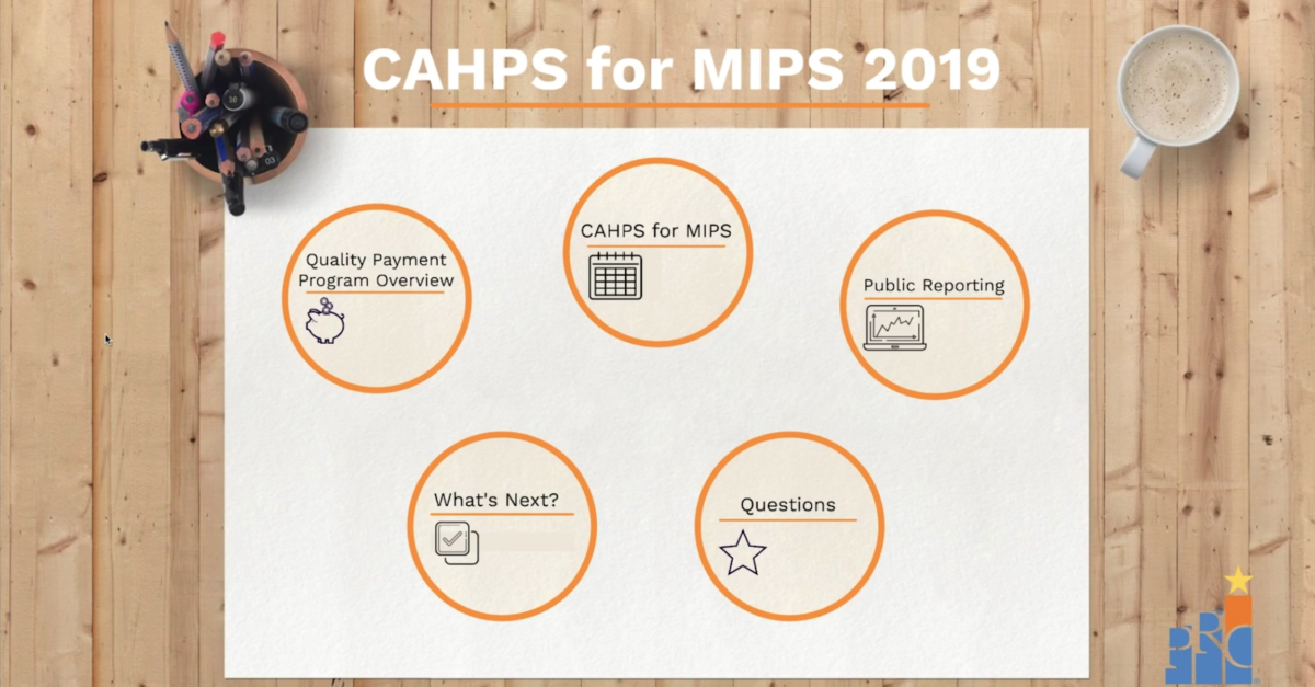 Landscape paper on a wooden desk with pencils, coffee, and CAHPS for MIPS 2019 information