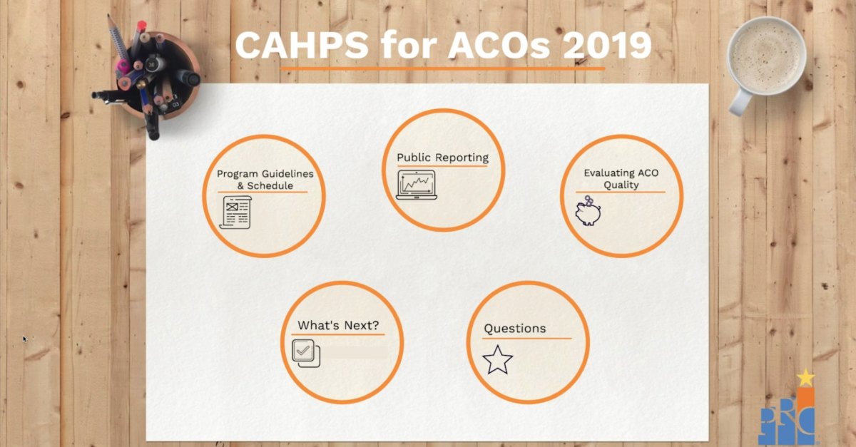 Landscape paper on a wooden desk with pencils, coffee, and CAHPS for ACOs 2019 information