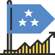 Flag with star ratings above upward-trending line graph