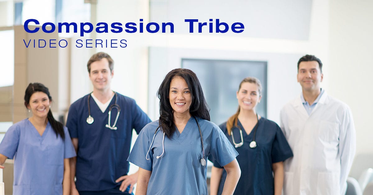 Enthusiastic care team with Compassion Tribe Video Series branding